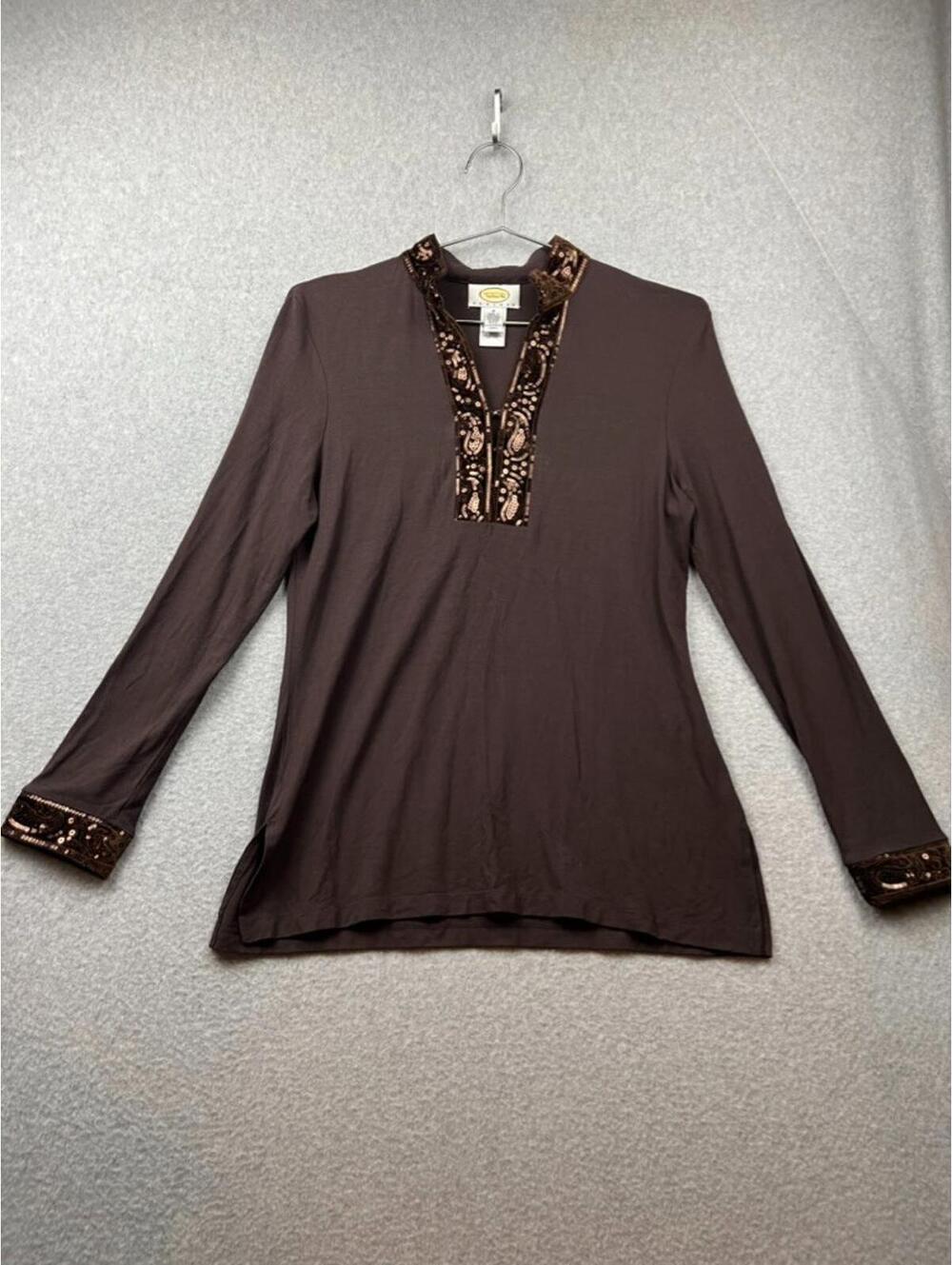 Talbots Boho Tunic Blouse Top Womens Petite P Brown Sequin Chic Neutral